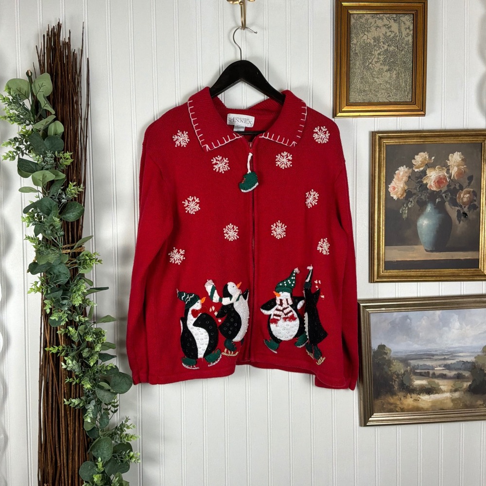 Casual Corner Annex Sweater Women Large Red Excellent Vintage Penguin Snowflake